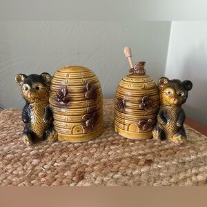 Vintage Antique Honey Bear ceramic glazed honey jar with lid and coin bank set